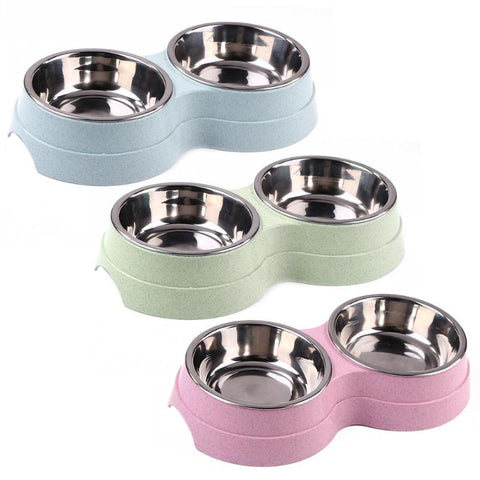 Dog Double Bowl Puppy Food Water Feeder Cute Stainless Steel Pets Drinking Dish Feeder Pets Supplies Feeding Dishes Dogs Bowl