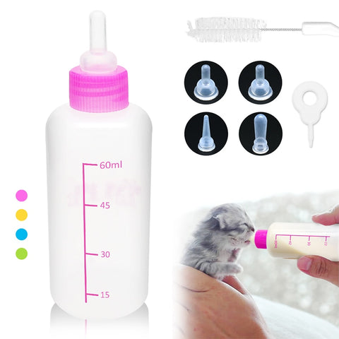 60ML Puppy Kitten Feeding Bottle Pet Dog Cat Bady Nursing Water Milk Animal Baby Feeder with Cleaning Brush Random Color 6pieces